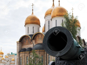 Image 1) Red Square, Saint Basil cathedral and the Kremlin wall in Moscow, Image 2) big barrel of Tsar Cannon and Dormition cathedral in Moscow Kremlin.